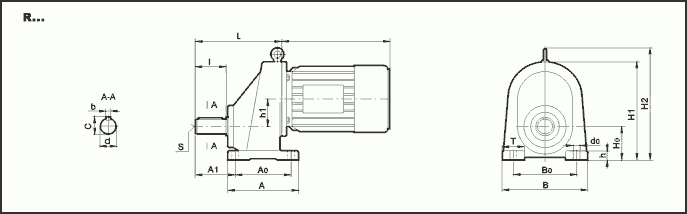 Габаритные и присоединительные размеры цилиндрического мотор-редуктора HR